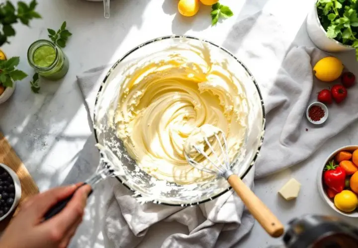 Un fouet mélange une crème onctueuse dans un bol en verre. Autour, des fruits frais, des herbes et un morceau de beurre concentré suggèrent une préparation culinaire savoureuse.