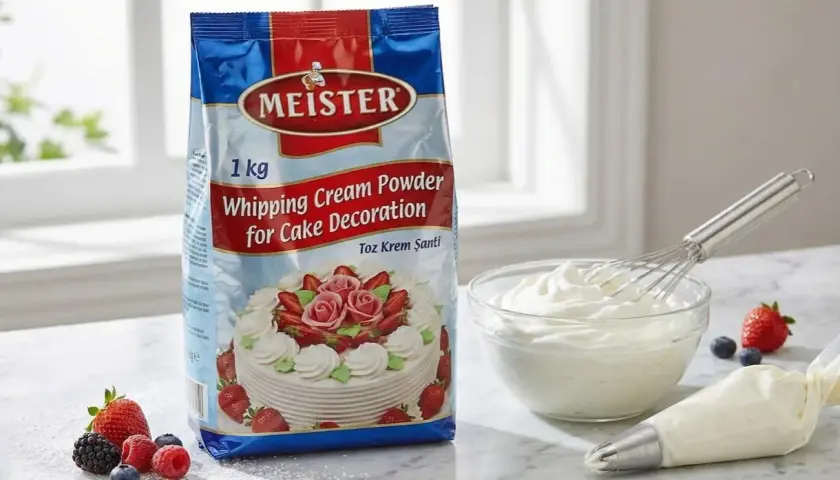 Un paquet de poudre pour chantilly Meister, un bol de crème fouettée prête à l'emploi, des fruits rouges et un sac de pâtisserie.