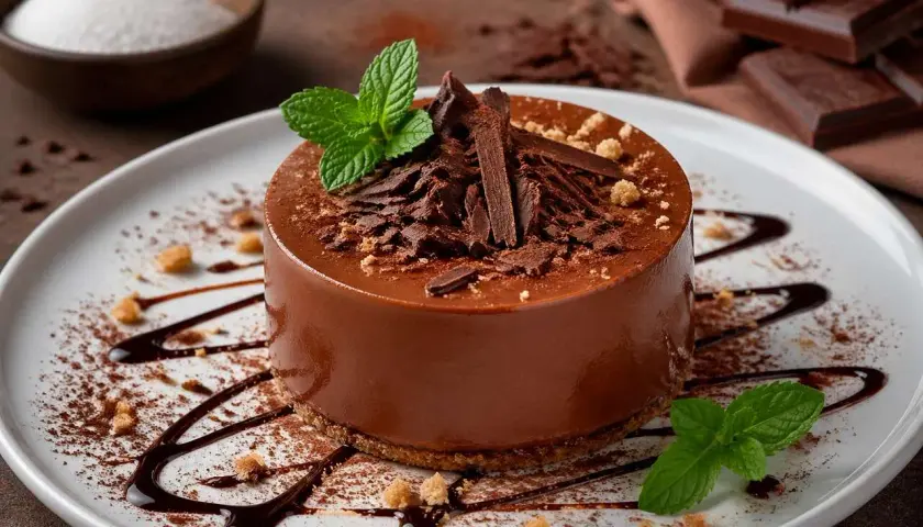 Gâteau au chocolat onctueux, garni de copeaux de chocolat et de menthe. Un simple cake design qui invite à la gourmandise.