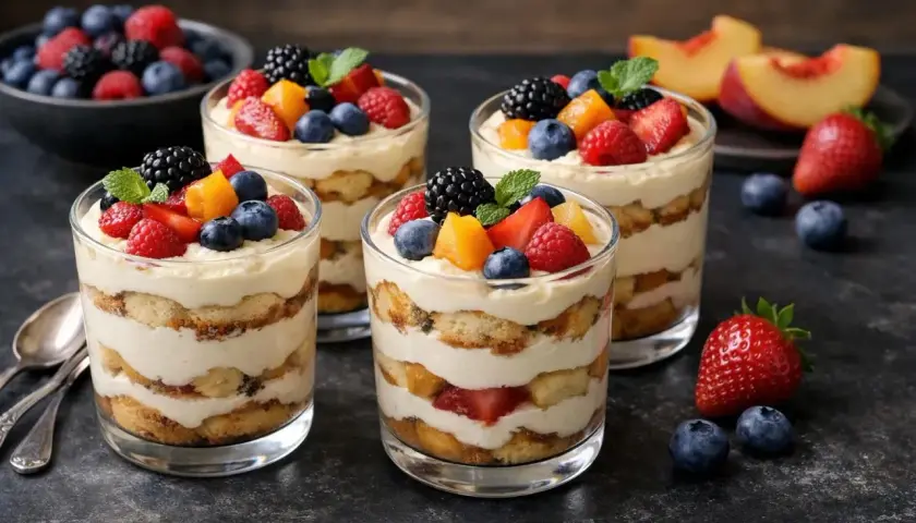 Quatre verrines de tiramisu aux fruits rouges et pêches, un délice de saison.