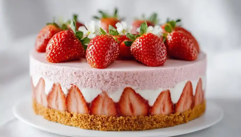 Gâteau rond rose pâle orné de fraises fraîches et de petites fleurs blanches. Le pourtour est décoré de fraises tranchées et d'un nappage fraise aérien.