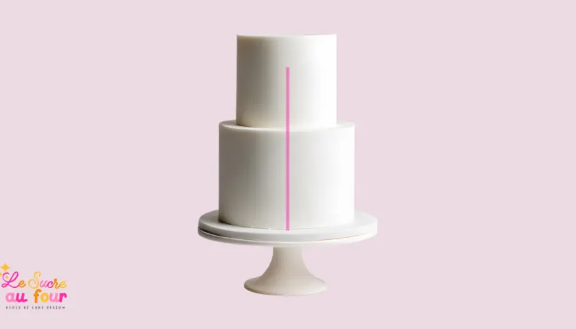 Un gâteau blanc à deux étages, orné d'une ligne rose verticale, est présenté sur un présentoir.