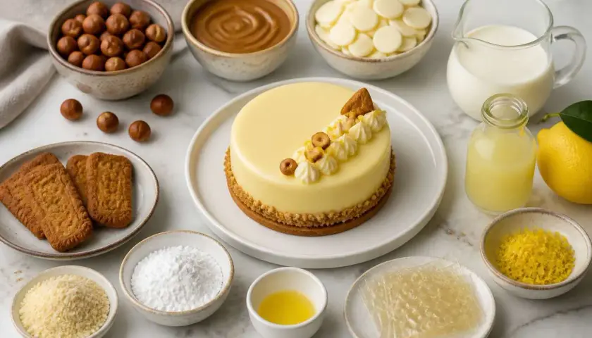 Gâteau jaune glacé, noisettes, biscuits, chocolat blanc, lait, citron, et feuilles de gélatine pectine pour une création gourmande.