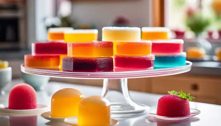 Gourmandises colorées, des desserts aux formes variées, certains en forme de fruits, d'autres rectangulaires, tous faits de gélatine. Le poids de la feuille de gélatine détermine leur texture.