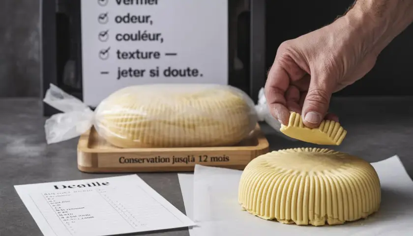 Un morceau de pâte à sucre perimée est examiné. Une liste de contrôle suggère de vérifier l'odeur, la couleur et la texture.