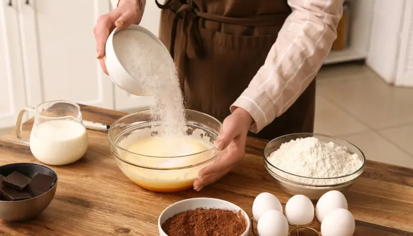 Préparation d'un gâteau : ajout de sucre dans un mélange d'œufs. On voit aussi du lait, de la farine, du cacao et du chocolat, des ingrédients pour savoir par quoi remplacer le lait dans un gâteau.