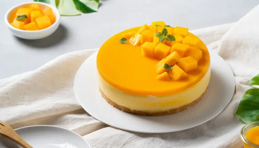 Un délicieux biscuit pour entremet, un cheesecake à la mangue, garni de dés de mangue fraîche et de feuilles de menthe.