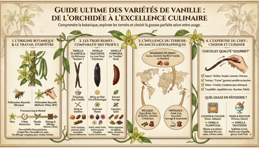 Guide ultime des vanilles : découvrez quelle est la meilleure vanille pour la pâtisserie, ses origines, ses profils et ses terroirs.