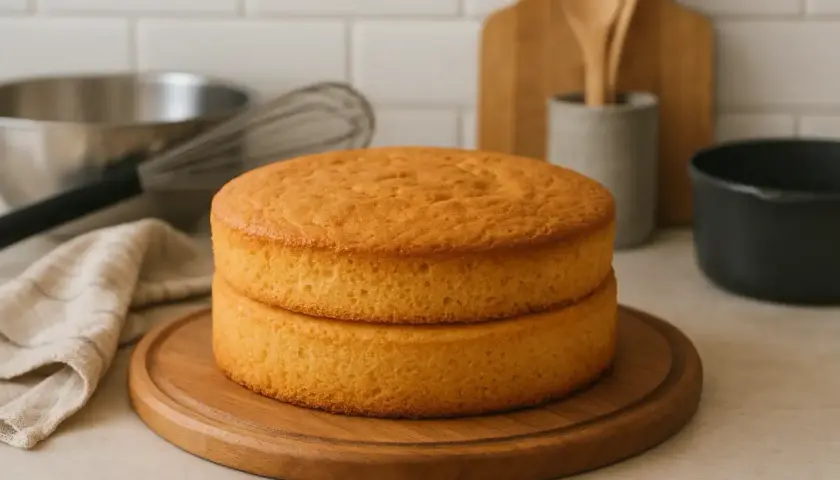 Deux disques de pâte à cake dorés, prêts à être assemblés. Idéal pour conserver la fraîcheur au frigo avant décoration.