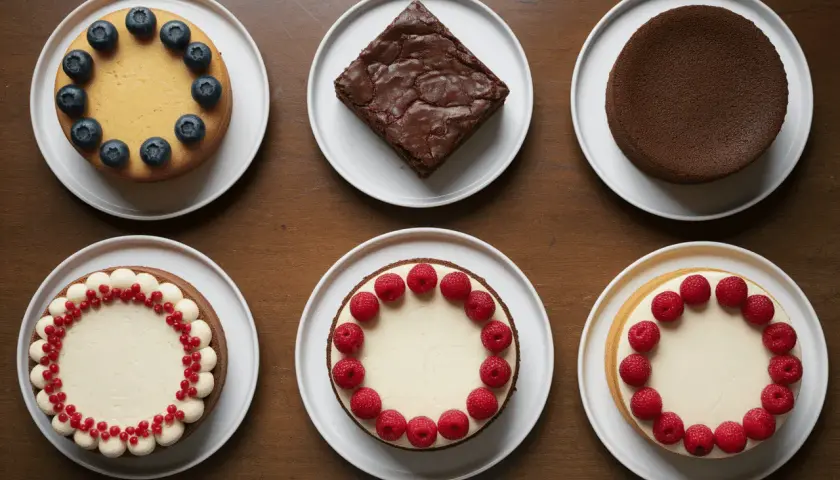 Six desserts sur des assiettes blanches : un gâteau aux myrtilles, un brownie, un gâteau au chocolat, un gâteau décoré de fruits rouges, un gâteau aux framboises et un autre aux framboises. Parfait pour faire un gâteau 2 jours à l'avance.