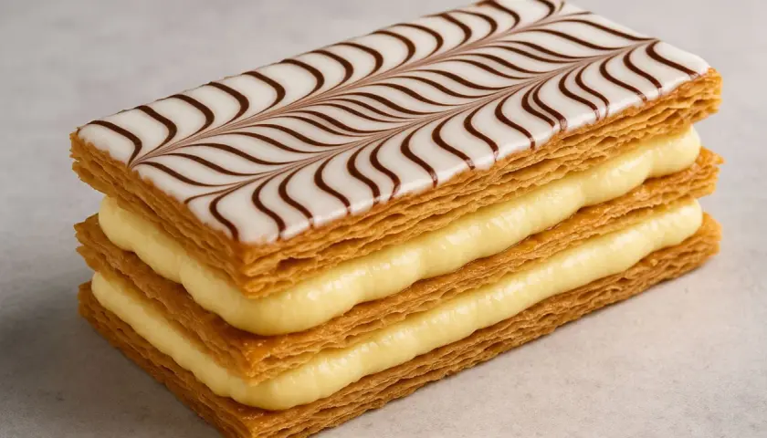 Un délice feuilleté avec un glaçage millefeuille orné de volutes chocolatées, révélant une crème pâtissière onctueuse.