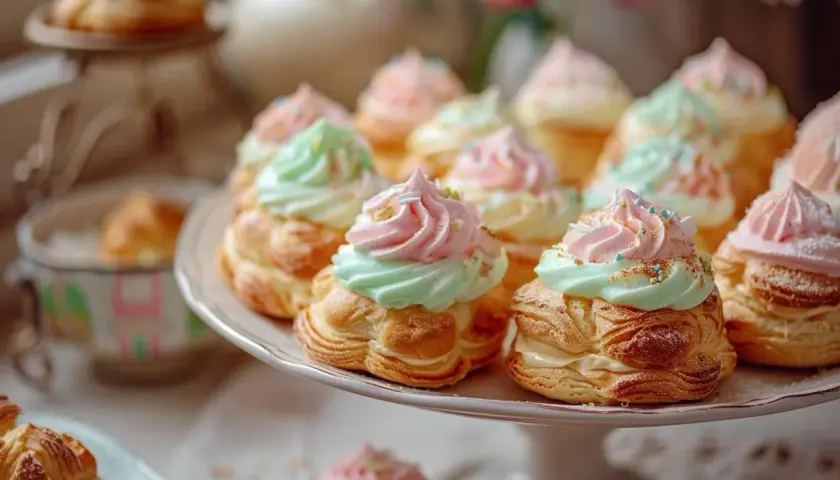 Petits choux garnis de crème pastel, roses et menthe. Parfait pour rattraper une pâte à choux ratée !