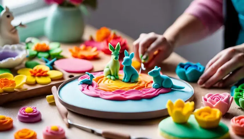 Des lapins et des oiseaux colorés en pâte à sucre sur une assiette, entourés de fleurs et d'outils de pâtisserie.