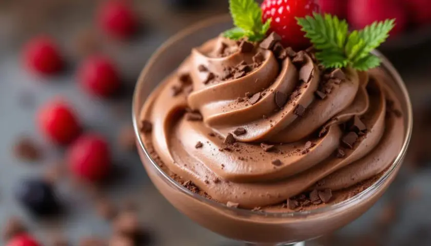 Mousse au chocolat onctueuse, garnie de framboises et menthe. Parfait pour savoir si peut on faire une mousse au chocolat la veille.