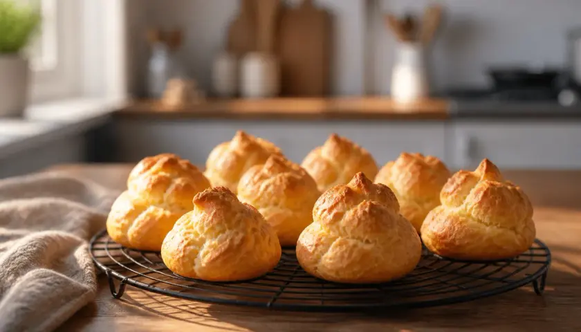 Un lot de choux pâtisserie dorés et gonflés refroidissent sur une grille, prêts à être garnir.