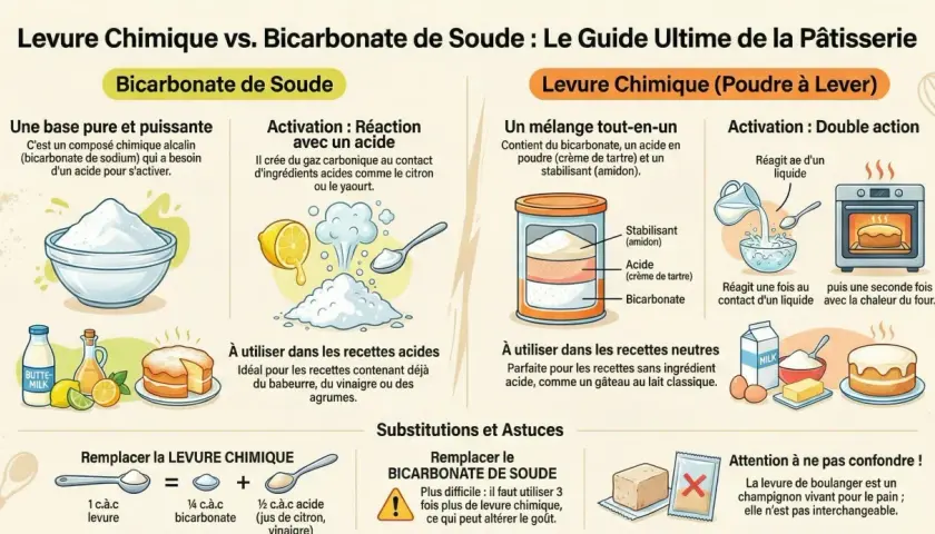La levure chimique, un mélange tout-en-un, sert à faire lever les pâtisseries grâce à une double action : liquide puis chaleur du four.