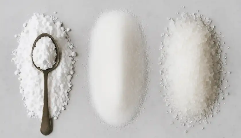 Trois tas de sucres : poudreux, fin et gros. Qu'est-ce que le sucre cristallisé ? La réponse est le tas du milieu.