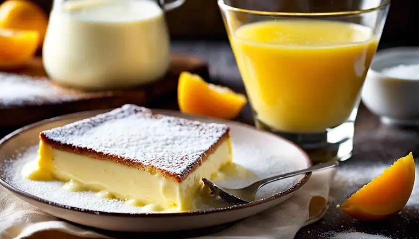 Un morceau de crème pâtissière traditionnelle saupoudré de sucre glace, servi avec du jus d'orange et des quartiers d'orange.
