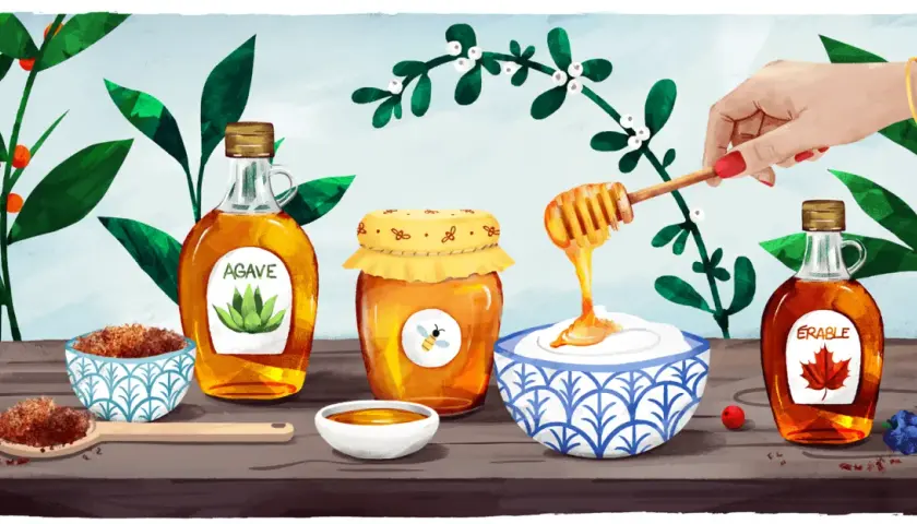 Une sélection de sirops d'agave, de miel et d'érable, ainsi que du sucre brut. Une main verse du miel sur du yaourt.