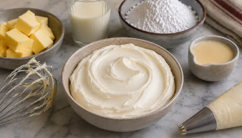 Préparation d'un glaçage onctueux : beurre en dés, lait, sucre glace, crème et poche à douille pour un délicieux beurre pour gâteau.