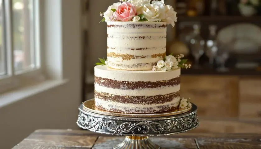 Magnifique montage layer cake à deux étages, décoré de roses et de fleurs blanches, sur un présentoir argenté.