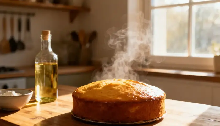 Gâteau doré et fumant, préparé avec de l'huile au lieu du beurre. Une bouteille d'huile et un bol de sucre sont à côté.