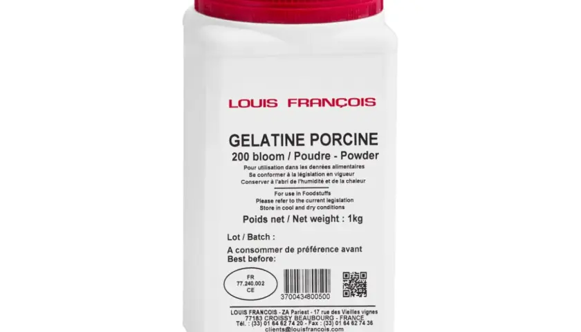Pot de gélatine porcine en poudre Louis François. Découvrez comment utiliser cette gélatine en poudre pour vos préparations culinaires.