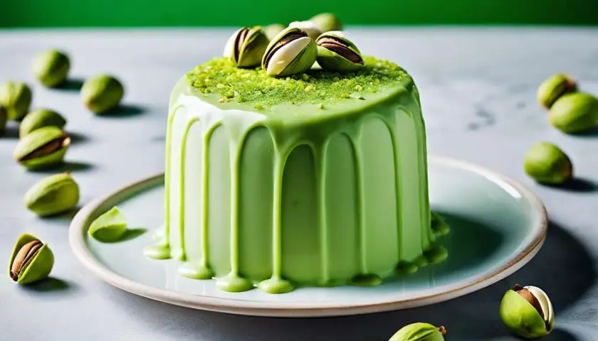 Gâteau rond glacé à la ganache pistache, décoré de pistaches entières et de miettes vertes.