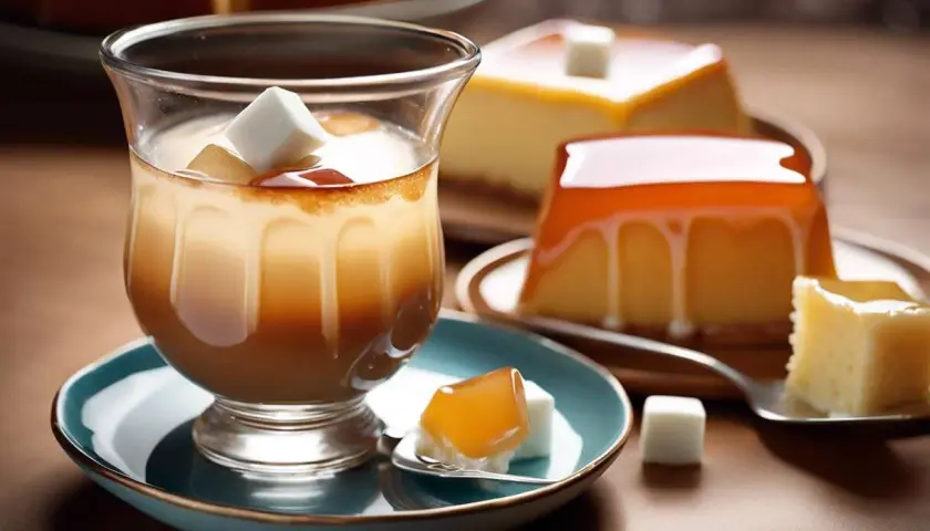 Un verre de crème dessert avec un nappage neutre, des carrés de sucre et des flans au caramel.