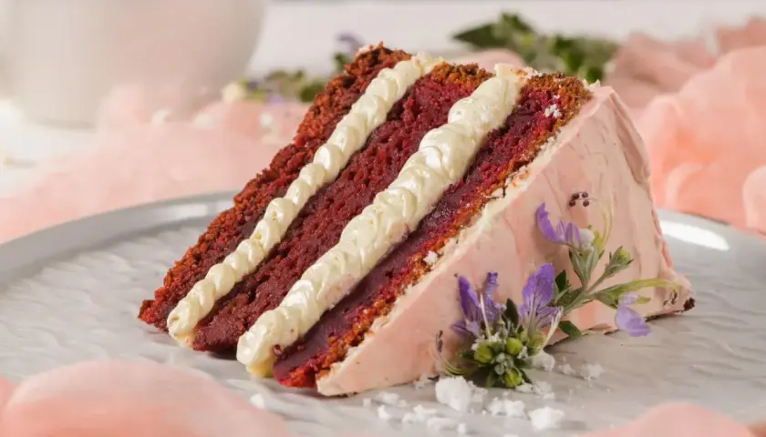 Tranche de gâteau Red Velvet avec une garniture molly cake crémeuse, décorée de fleurs violettes et de sucre glace.