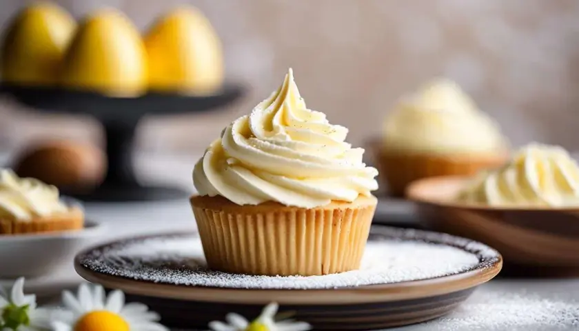 Un cupcake orné d'une généreuse crème au beurre facile, saupoudré de paillettes. Des fleurs et des œufs jaunes en arrière-plan.