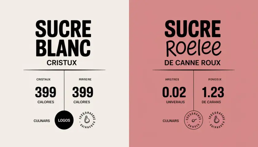 Comparaison visuelle entre le sucre blanc et le sucre de canne roux, avec leurs valeurs nutritionnelles.