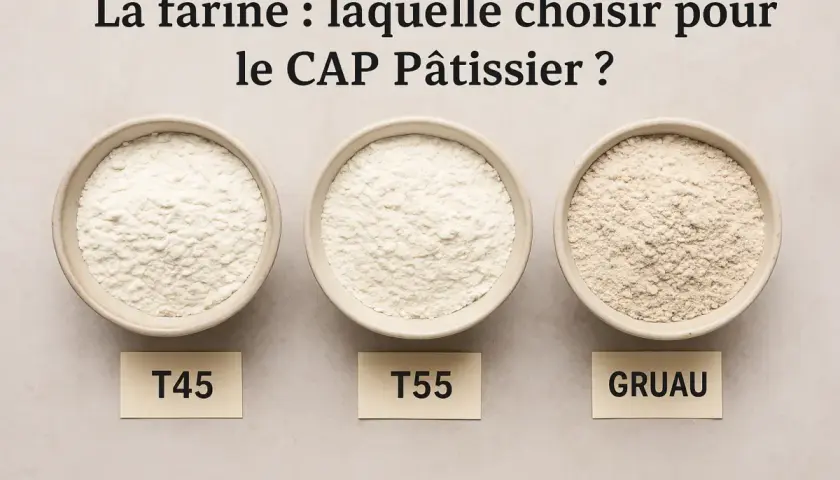 Trois bols de farine pour pâtisserie : T45, T55 et Gruau. Lequel choisir pour le CAP Pâtissier ?