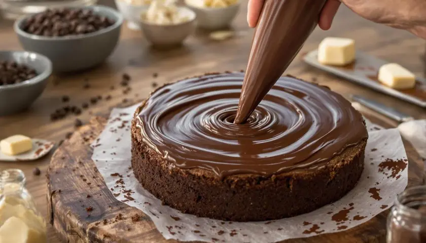 Un glaçage au chocolat onctueux est appliqué sur un gâteau au chocolat, créant un tourbillon parfait. Ce fourrage layer cake est prêt à être dégusté.