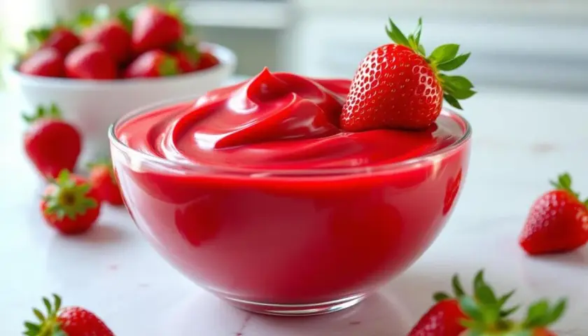 Un bol de ganache fraise onctueuse, garni d'une fraise fraîche. Des fraises entourent ce délice rouge vif.