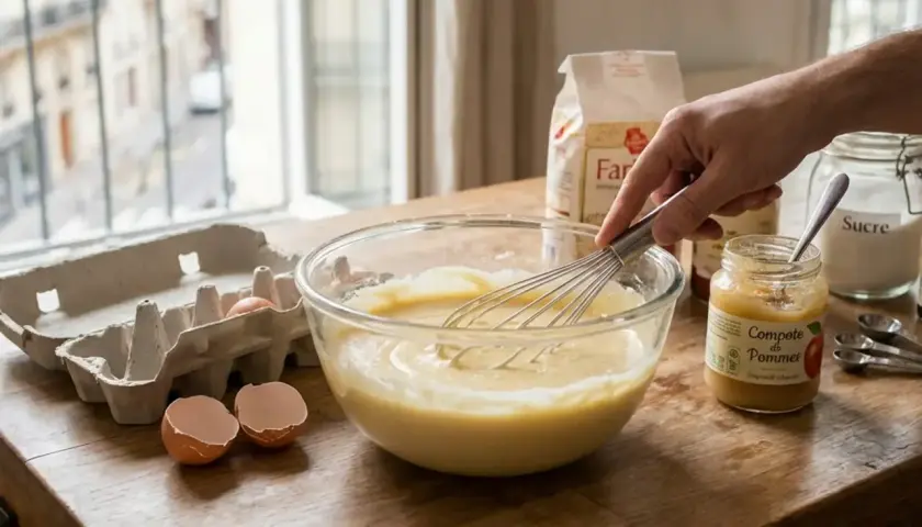 Préparation d'une pâte à gâteau. On voit un bol avec la pâte, un fouet, une boîte d'œufs vides, un pot de compote de pommes, un sac de farine et un pot de sucre. Une main fouette la pâte, peut-être pour remplacer œuf par compote.