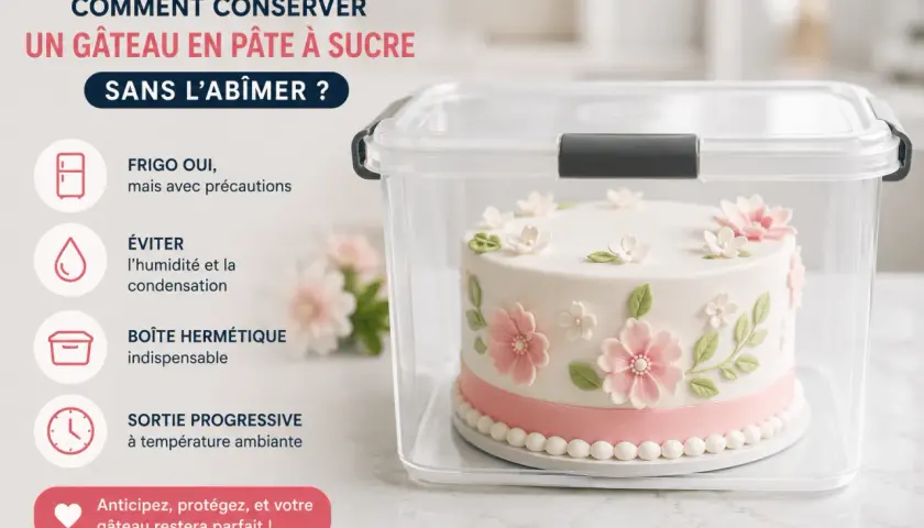 Un gâteau en pâte à sucre décoré de fleurs est conservé dans une boîte hermétique pour une conservation optimale.