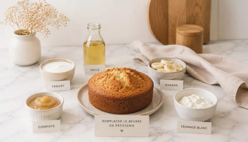 Gâteau doré entouré d'ingrédients : yaourt, compote, huile, banane, fromage blanc. Une carte suggère de remplacer le beurre par du beurre de cacao pour une pâtisserie plus légère.