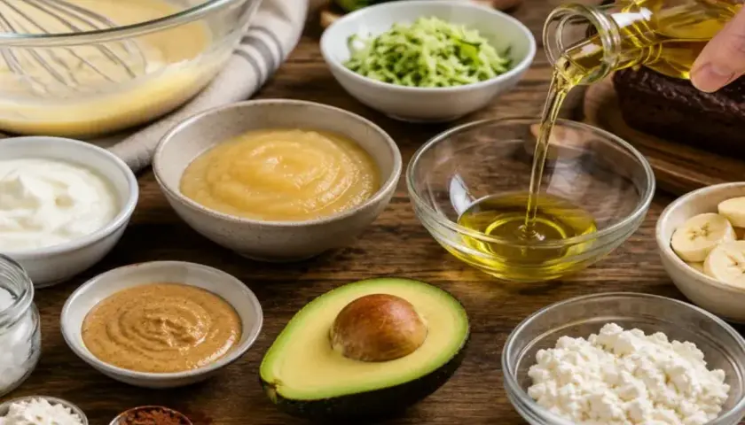 Ingrédients pour un gâteau sain : avocat, compote, yaourt, beurre de cacahuète, monostéarate de glycérol, courgette râpée, bananes, fromage blanc, cacao, farine.