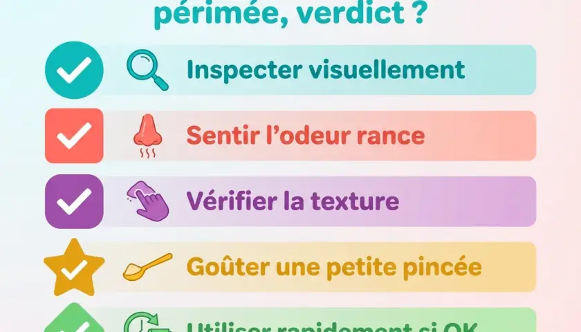 Checklist pour savoir si votre poudre d'amande est périmée : inspecter, sentir l'odeur rance, vérifier la texture, goûter.