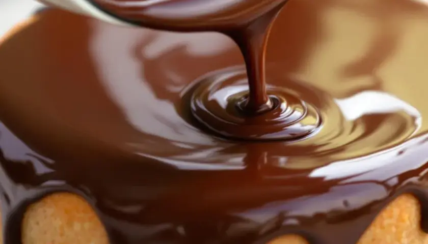 Un gâteau moelleux reçoit un généreux glaçage au chocolat noir, coulant en volutes brillantes.
