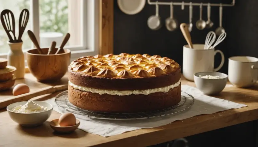 Un délicieux gâteau d'anniversaire, prêt à être décoré avec de la pâte à sucre. Il est garni de crème et surmonté d'une meringue dorée.