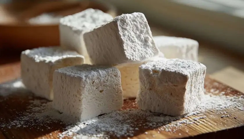 Des cubes moelleux de guimauve saupoudrés de sucre glace, prêts à être dégustés. Un ingrédient simple pour des douceurs gourmandes.