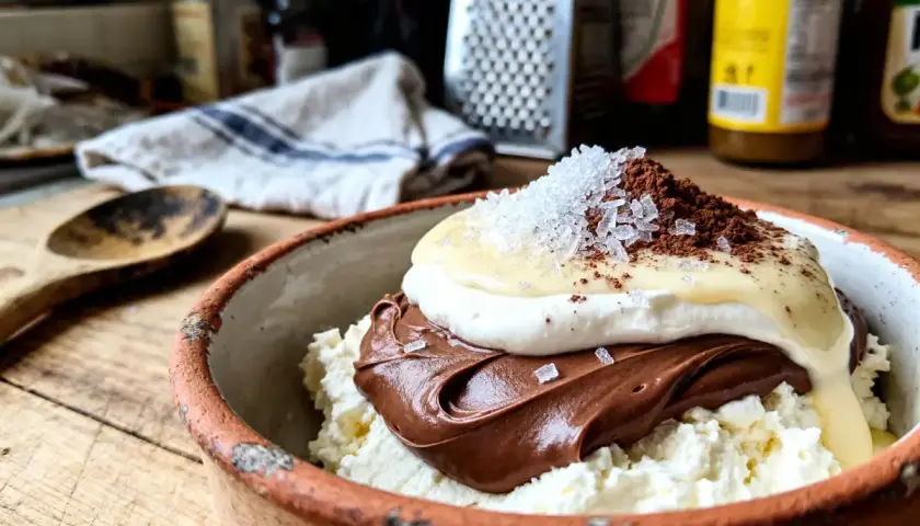 Un délice : chantilly mascarpone, Nutella onctueux, le tout saupoudré de cacao et de gros sel. Un contraste sucré-salé parfait.