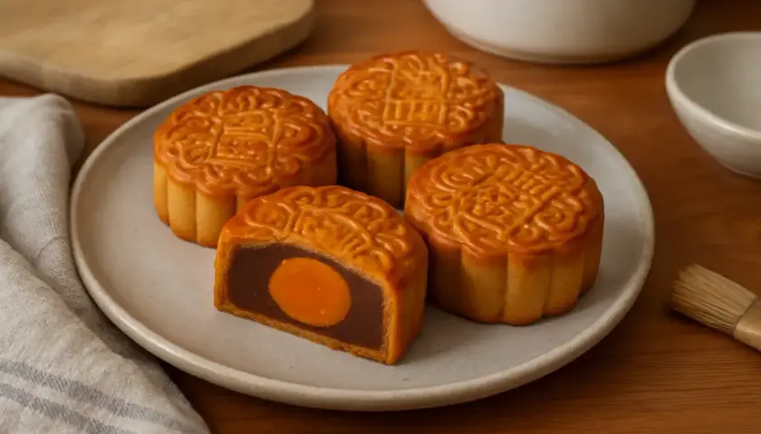 Quatre gâteaux de lune dorés, dont un coupé révélant une garniture de pâte de haricots rouges et un jaune d'œuf salé. Une invitation à découvrir la recette mooncake.