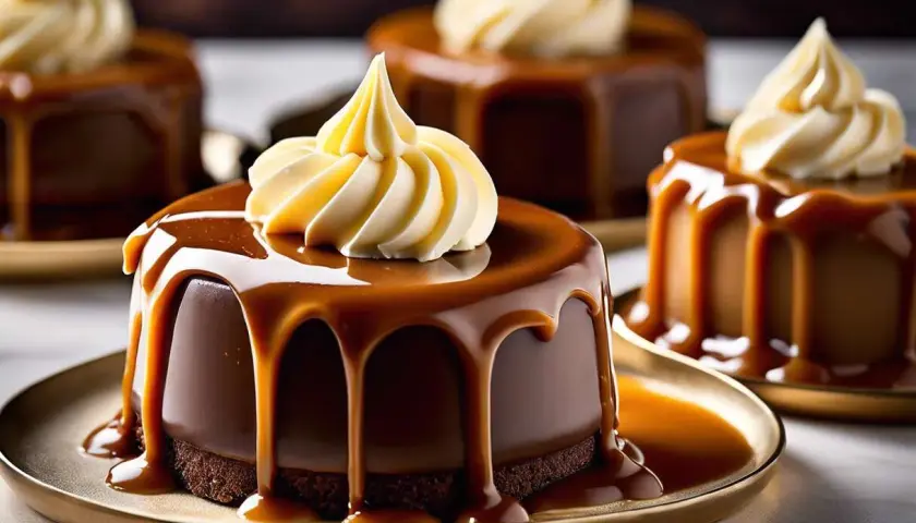 Petits gâteaux au chocolat, nappés d'une ganache caramel beurre salé coulante et surmontés d'une touche de crème. Un délice visuel.