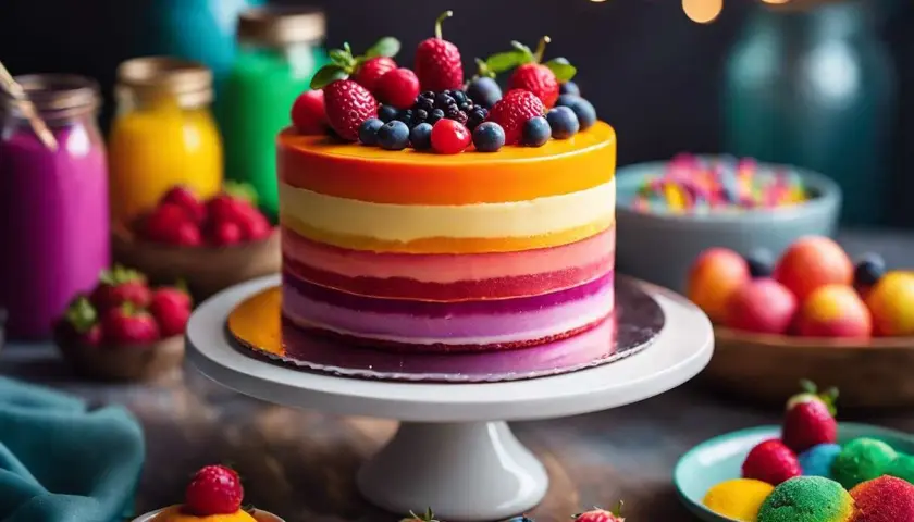 Gâteau arc-en-ciel aux fruits, aux couleurs vives obtenues avec des colorants alimentaires naturels.