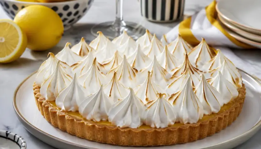Tarte au citron garnie d'une meringue italienne dorée, parfaite pour une recette gourmande.