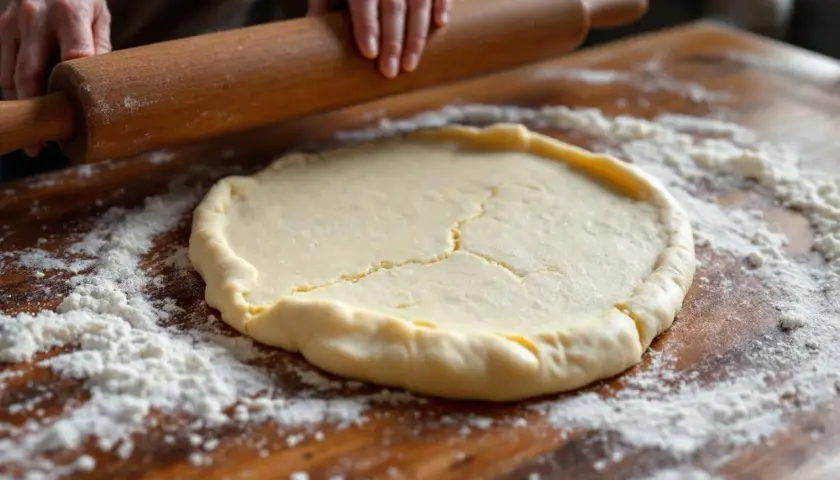 Mains travaillant la pâte sablée sur une planche en bois. La pâte est étalée, prête pour la conservation ou la cuisson.