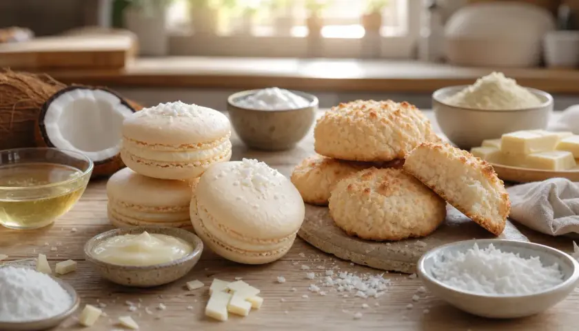 Douceur exotique : macarons et biscuits à la noix de coco, accompagnés de leur crème onctueuse.